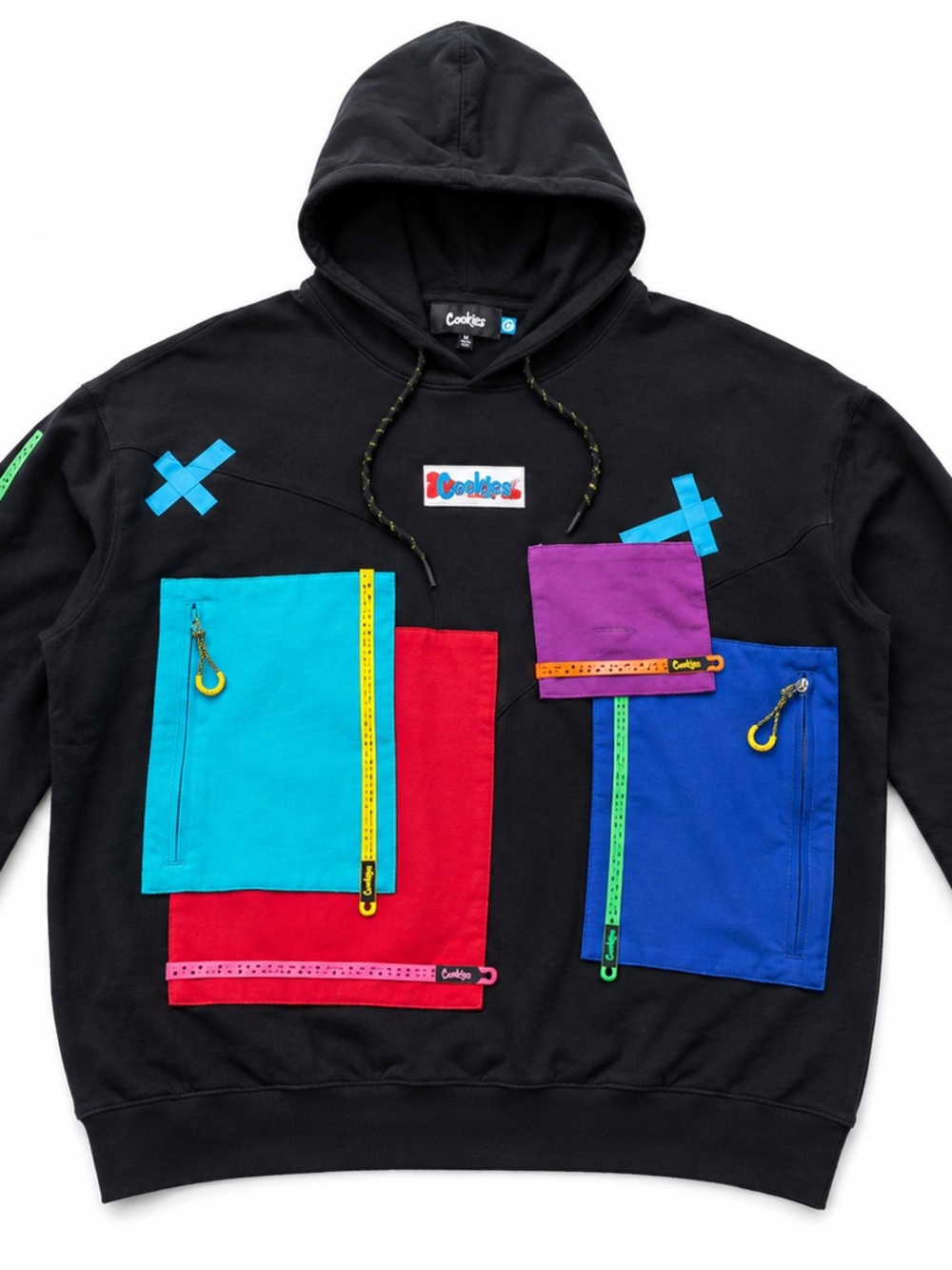 Cookies Black Crewneck Hoodie with Colorblock Utility Pockets
